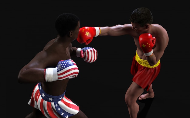 Concepto de guerra comercial entre Estados Unidos y China. 3d ilustración dos boxeador luchando EE.UU. y China bandera de golpes comerciales para el concepto: la guerra comercial.