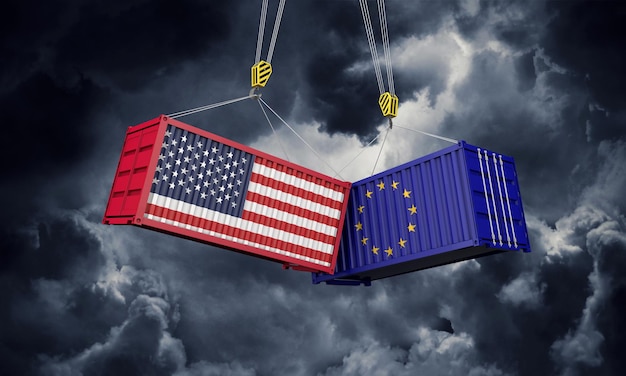 Concepto de guerra comercial entre estados unidos y europa chocando contenedores de carga d render