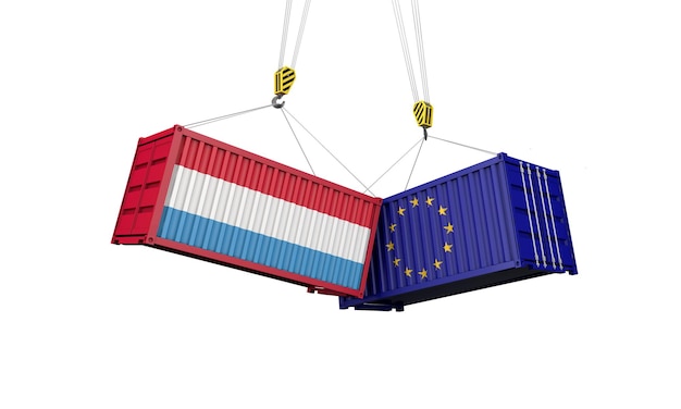 Concepto de guerra comercial de luxemburgo y europa chocando contenedores de carga d render