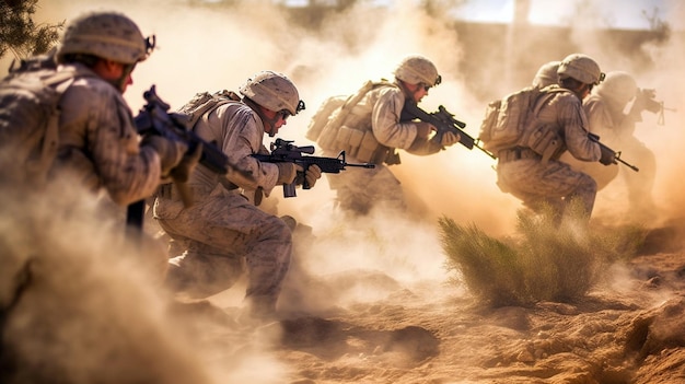 Concepto de guerra Escena de lucha militar en el fondo del cielo de niebla de guerra Soldados de la guerra mundial Enfoque selectivo Ejército estadounidense en batallaSoldado estadounidense en el desierto operación militar fuerzas especiales