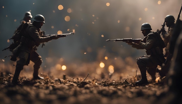 Foto concepto de guerra siluetas militares escena de combate en el fondo del cielo de niebla de guerra soldados de la guerra mundial siluetas debajo del horizonte nublado por la noche escena de ataque vehículos blindados tanques de batalla decoración