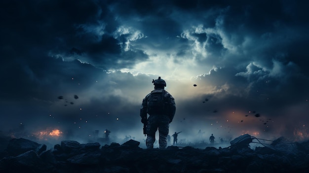 Concepto de guerra Siluetas militares escena de lucha en el fondo del cielo de niebla de guerra Guerra Mundial