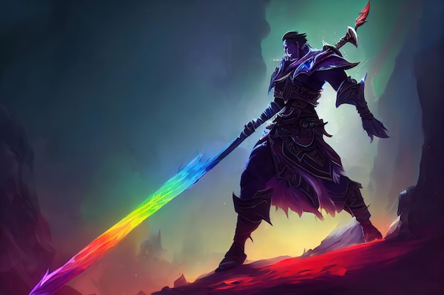 Concepto de guerrero de fantasía con espada de arco iris