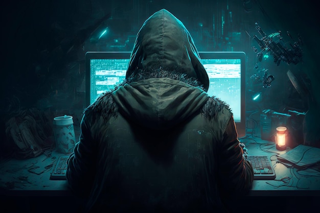 Concepto de hacker Hacker sentado frente a la computadora con códigos de piratería reflexionando sobre ellos