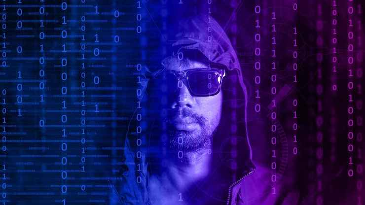 Foto concepto de hackers y cyberpunk o robo de identidad de redes informáticas un hombre que no confía en la tecnología de fondo