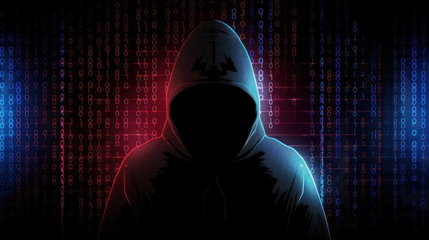 Concepto de hacking Hacker con código binario fondo de interfaz digital