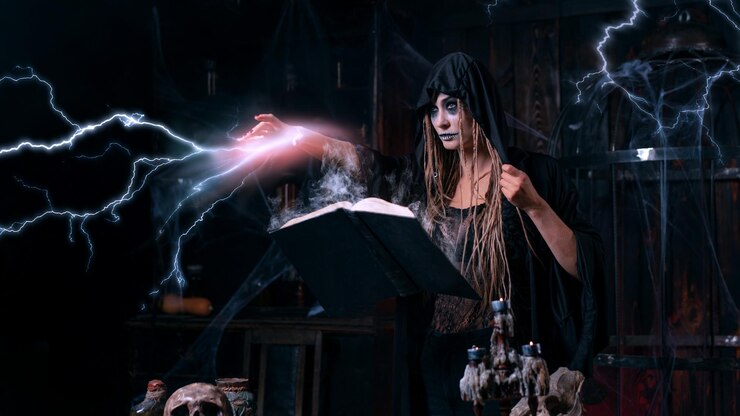 Concepto de Halloween Bruja vestida con capucha negra con rastas de pie en la sala de mazmorras oscuras usa el libro mágico para conjurar hechizos mágicos