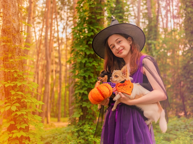 Concepto de Halloween. Chica joven en un disfraz de Halloween con dos perros chihuahua en el bosque.
