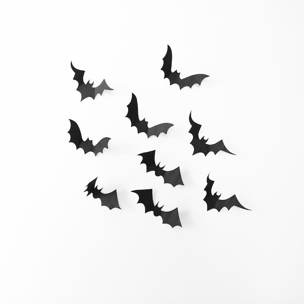 Foto concepto de halloween con decoraciones de murciélagos de papel sobre fondo blanco.