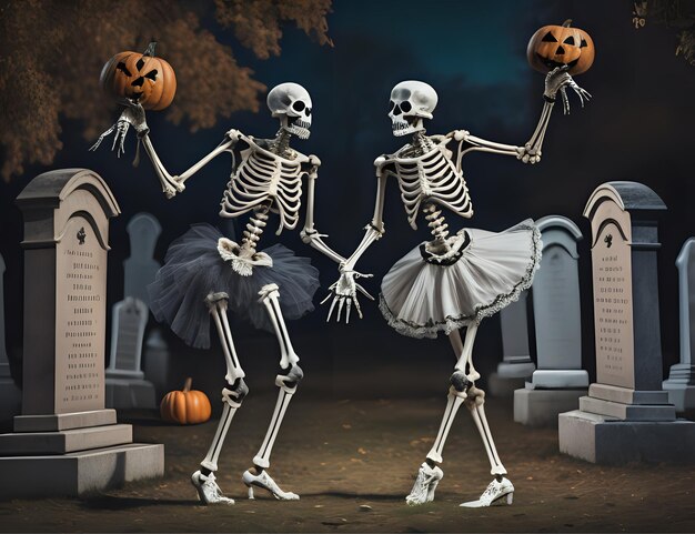 Foto concepto de halloween dos esqueletos de pie en el cementerio 3d