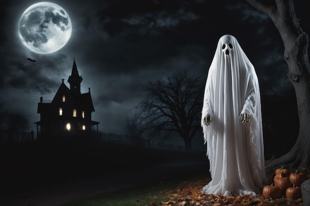 Foto concepto de halloween fantasma aterrador con calabaza en fondo oscuro