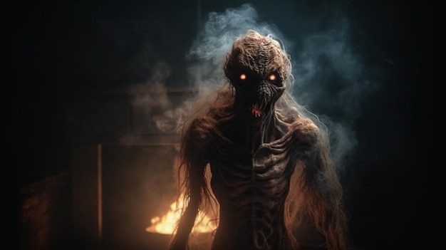 Concepto de Halloween Fantasma aterrador de pie en una habitación oscura con ai generador de velas encendidas