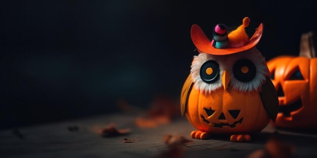 El concepto de Helloween de un búho lindo sentado en una calabaza y espacio de copia para el texto