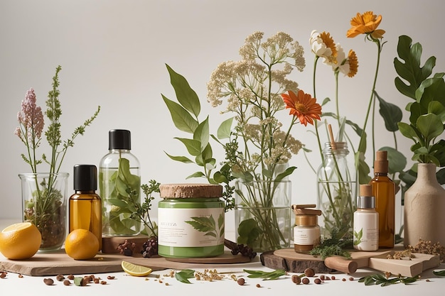 Concepto de herbario de bodegones con productos de belleza naturales.