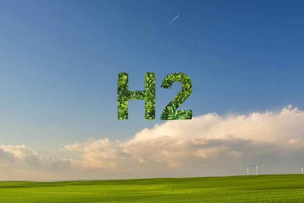 Foto concepto de hidrógeno verde las letras h2 como árboles de hojas