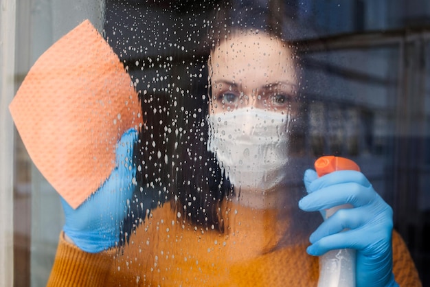 Concepto de higiene: mujer con máscara médica protectora para protección contra virus en guantes con limpiacristales