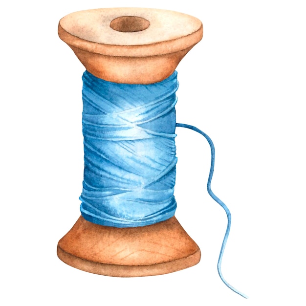 Concepto de hilo azul Rollo de hilo de madera para la producción de ropa Ilustración a acuarela dibujada a mano de un carrete en un fondo aislado herramienta para la costura Cartel o pancarta para el sitio web