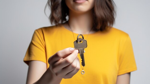 Concepto de hipoteca Joven mujer bonita dos llaves de casa en manos de mujer Lobb de luz moderna IA generativa