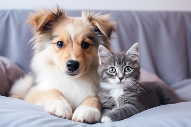 Concepto de hogar acogedor ilustrado por un hermoso perro y un gato pequeño sobre una suave almohada blanca, un gatito y p