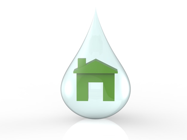 Concepto de hogar ecológico con modelo de casa verde en gota de agua