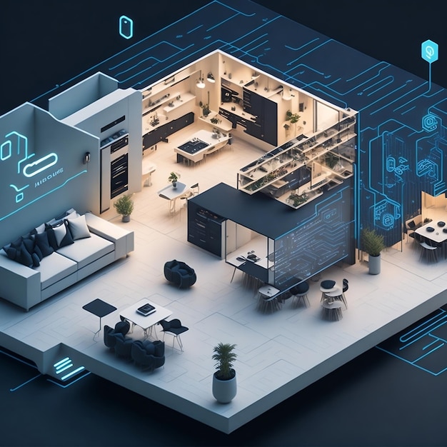Un concepto de hogar inteligente con dispositivos interconectados controlados por IA