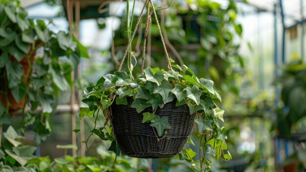 Foto el concepto de hogar y jardín de cepas de hiedra cultivadas en una canasta colgante en el vivero de plantas
