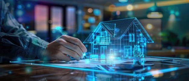 un concepto holo modelo de representación 3d de una pequeña casa sobre una mesa en una agencia inmobiliaria