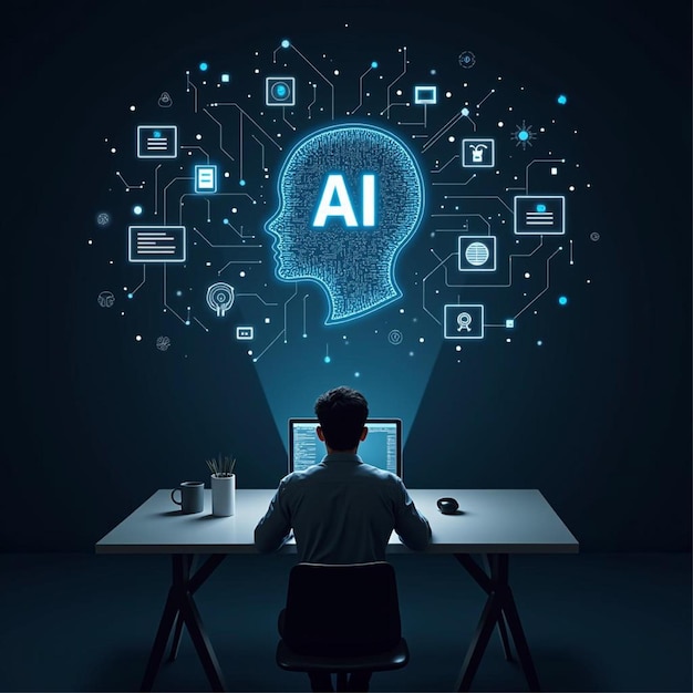Concepto de hombre de IA en el escritorio con interfaz de inteligencia artificial