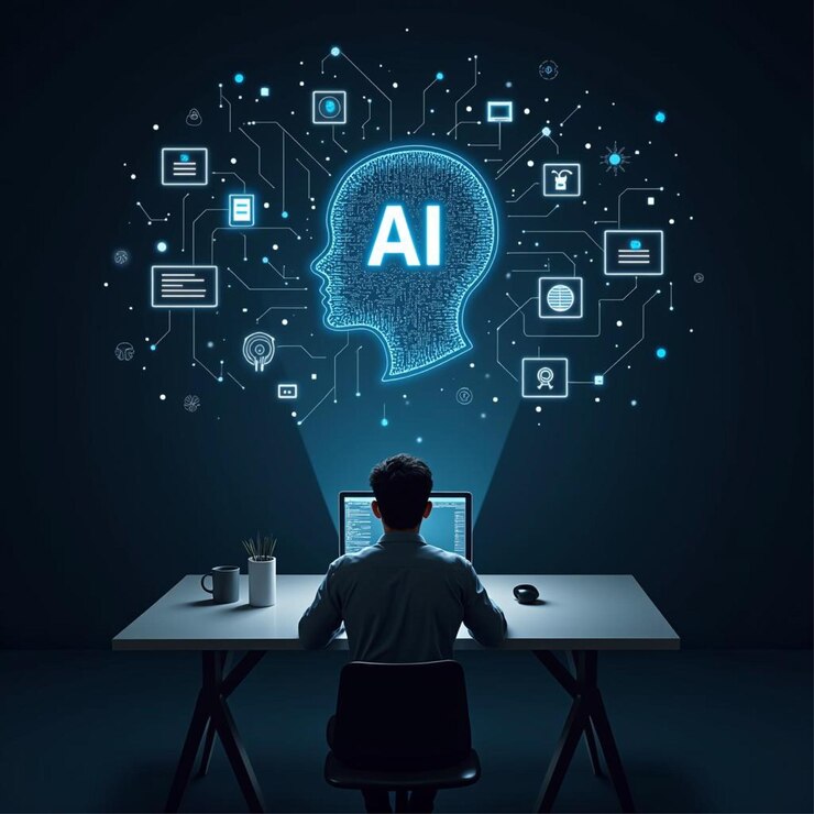 Concepto de hombre de IA en el escritorio con interfaz de inteligencia artificial