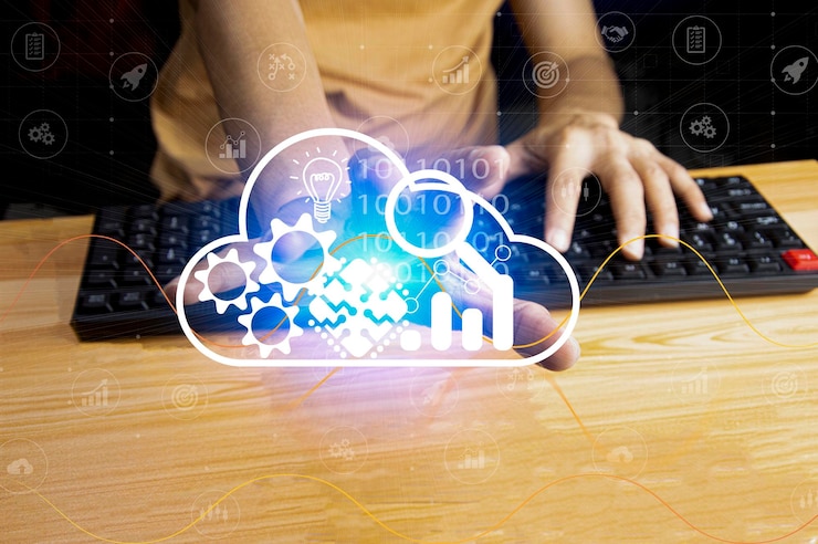 Foto el concepto de hombre de negocios usa medios de computación en la nube con iconos