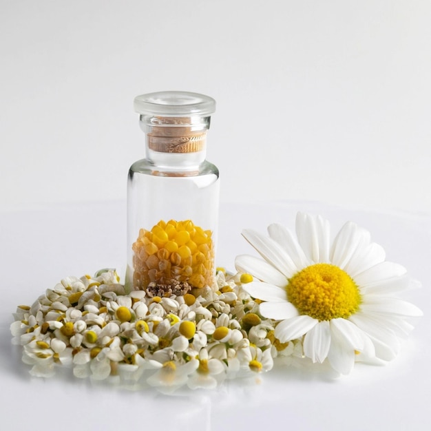 Foto concepto homeopático camomila en un frasco transparente y granos homeopáticos sobre un fondo blanco