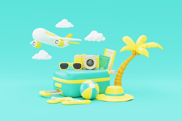 Concepto de horario de verano con maleta, pelota de playa, chanclas, cámara de palma de coco, gafas de sol y avión volando en las nubes, vacaciones y renderizado 3d de vacaciones