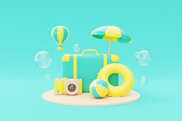 Concepto de horario de verano con maleta, sombrilla de playa, cámara de bola de anillo inflable y globo de aire caliente, vacaciones flotantes y representación 3d de vacaciones