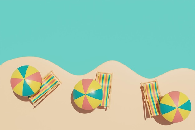 Concepto de horario de verano con sombrilla de playa y coloridos elementos de playa de verano representación 3d