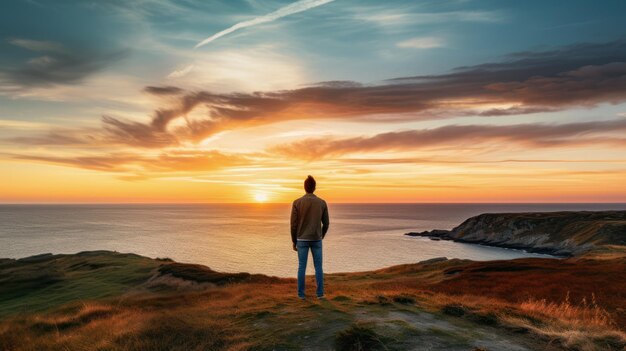 Foto el concepto de horizonte de curación una persona de pie en la cima de una colina mirando hacia un horizonte donde el cielo se encuentra con el mar