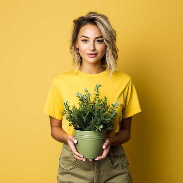 Concepto de horticultura aislado en un fondo amarillo sencillo