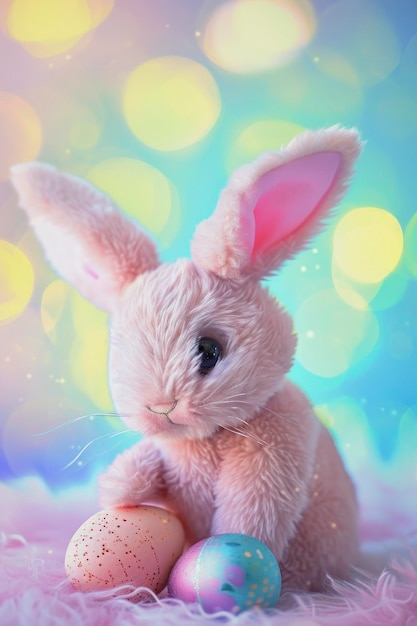 Concepto de huevos y conejos de Pascua Un encantador personaje de conejito que sostiene un huevo de Pascua se muestra sobre un suave fondo bokeh pastel que le da un toque divertido a la escena.