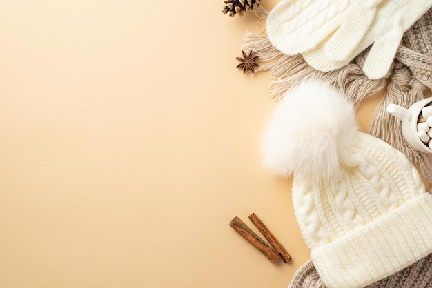 Concepto de humor invernal Foto de la vista superior de guantes de punto blancos sombreros taza a cuadros de palitos de canela para beber caliente anís y cono de pino sobre fondo beige aislado con espacio de copia