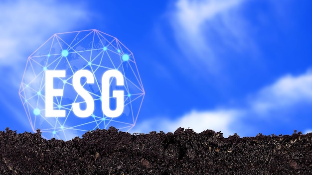 Concepto de icono ESG para la gobernanza y la sociedad ambiental en negocios sostenibles y éticos en la conexión de red en un hermoso fondo de cielo azul