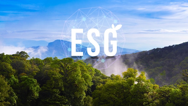 Foto concepto de icono esg para la gobernanza y la sociedad ambiental en negocios sostenibles y éticos en la conexión de red en un hermoso paisaje natural