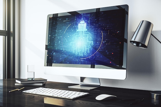 Concepto de idea creativa con bombilla e ilustración de microcircuitos en la pantalla de un portátil moderno Redes neuronales y concepto de aprendizaje automático Representación 3D