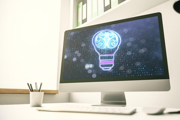 Concepto de idea creativa con bombilla y ilustración del cerebro humano en la pantalla de una computadora portátil moderna Redes neuronales y concepto de aprendizaje automático Renderización 3D