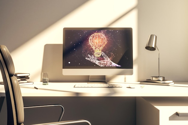 Concepto de idea creativa con ilustración de bombilla en la pantalla de un portátil moderno Representación 3D