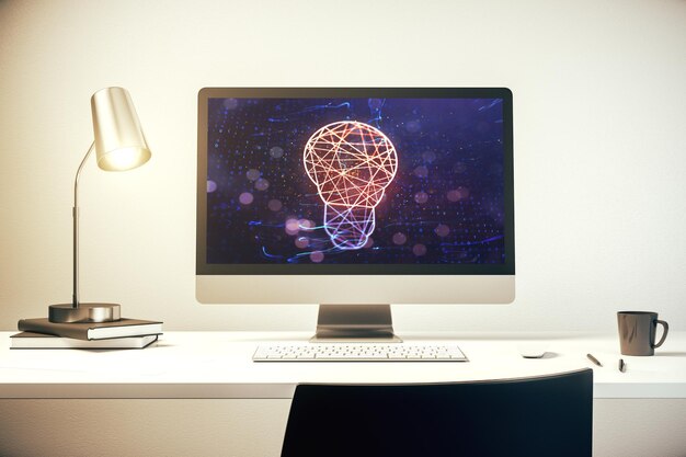 Concepto de idea creativa con ilustración de bombilla en la pantalla de un portátil moderno Representación 3D