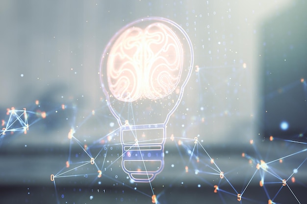 Concepto de idea virtual abstracto con bombilla e ilustración del cerebro humano en el fondo borroso del edificio de oficinas moderno Redes neuronales y concepto de aprendizaje automático Multiexposición