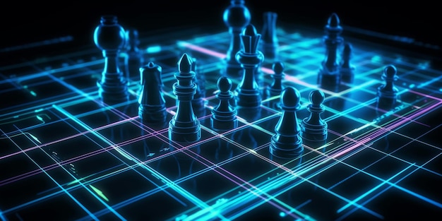 Concepto de ideas de negocios de estrategia para la planificación de la innovación y la competencia de ajedrez de ideas de planificación icono gráfico futurista y juego de tablero de ajedrez dorado tono de color negro con fondo de línea de acciones financieras