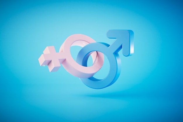 El concepto de igualdad de género cruzó íconos masculinos y femeninos en un render 3D de fondo azul