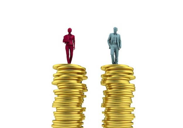 Concepto de igualdad salarial de género hombre y mujer en una pila de monedas 3D Rendering