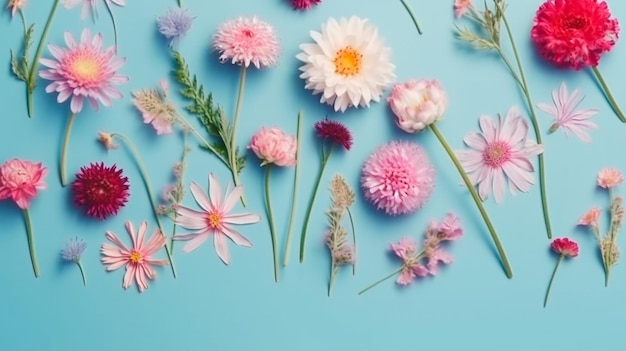 Concepto de ilustración creativa endecha plana de campo fresco Flores de primavera sobre fondo azul pastel Hermosas flores rosadas IA generativa