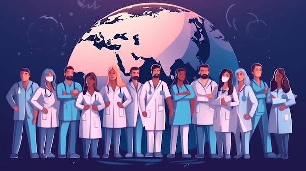 Concepto de ilustración del Día Mundial de la Salud con un grupo de médicos y enfermeras del personal de pie frente al globo mundial IA generativa